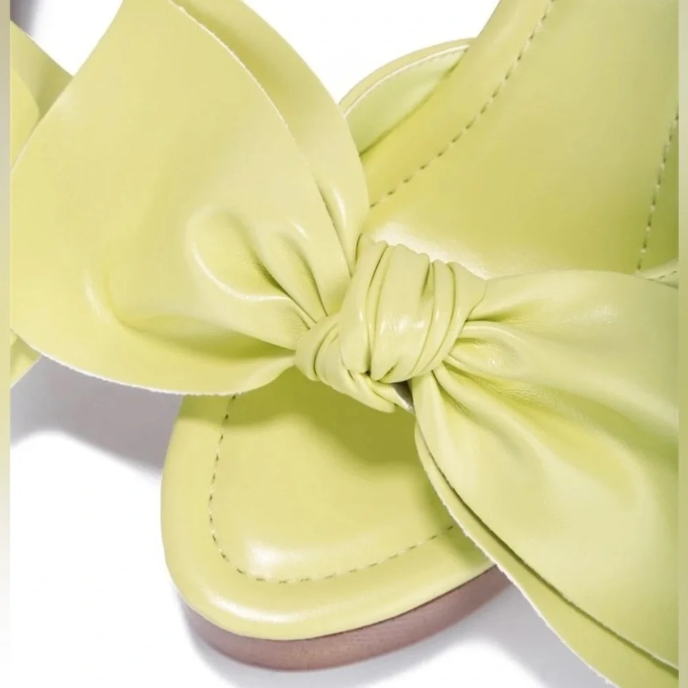 Lemon Lime Vegan Leather Block Wooden High Heel Triangle Mule Sandals - Picture 2 of 3